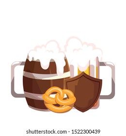 mugs of beer with foam in white background vector illustration design