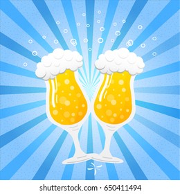 Mugs of beer on blue retro background. Vector illustration.