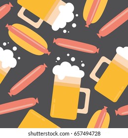 Mugs with beer, sausages and hot dogs, hand drawn seamless pattern. Colorful backdrop. Drink and food icons set vector. Decorative illustration, good for printing. Wallpaper design