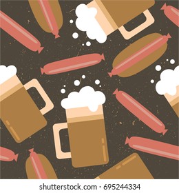 Mugs with beer, sausages and hot dogs, hand drawn seamless pattern. Colorful overlapping backdrop. Drink and food set vector. Decorative illustration, good for printing. Wallpaper design