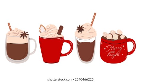 Mugs of Cacao or Coffee with whipped cream and marshmallow. Christmas and Happy New Year concept. Flat vector illustration .