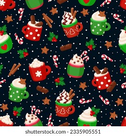 Mugs of Christmas drinks seamless vector pattern. Cozy winter background with sweets and New Years drinks - cocoa and hot chocolate with toppings, spices, cookies and candy canes