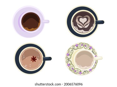 Mugs of coffee with foam and saucer set isolated on white. Flat Art Vector Illustration