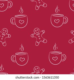 Mugs and cookies seamless repeat pattern for wrapping paper,background,fabrics.Hand drawn ginger bread man and hot chocolate mug on red background. Christmas pattern.