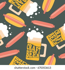 Mugs with craft beer, sausages and hot dogs, hand drawn seamless pattern. Colorful backdrop. Drink and food icons set vector. Decorative illustration, good for printing. Wallpaper flat design