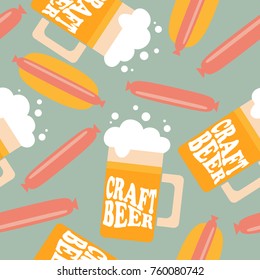 Mugs with craft beer, sausages, hot dogs, hand drawn seamless pattern. Colorful  overlapping backdrop. Drink and food set vector. Decorative illustration, good for printing. Wallpaper flat design