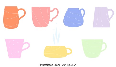 
Mugs, cups of different shapes and colors.