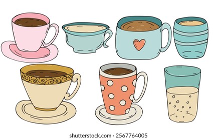 mugs, cups, saucers, drinks, tea and coffee, tea set,vector set of color doodle elements, cute design element