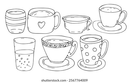 mugs, cups, saucers, drinks, tea and coffee, tea set, vector set of black and white doodle elements, coloring book, cute design element