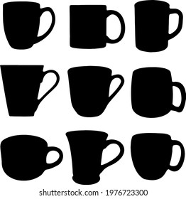 Mugs and cups in the set. Vector image.