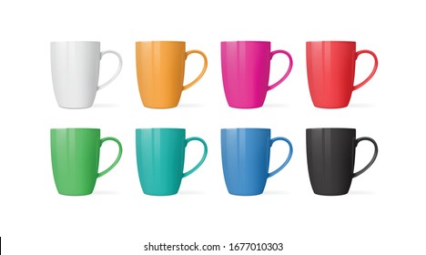 mugs of different colors isolated on white background vector mock up