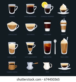 Mugs With Different Type Of Coffee. Espresso, Cappuccino, Macchiato And Others. Vector Illustrations Set In Cartoon Style