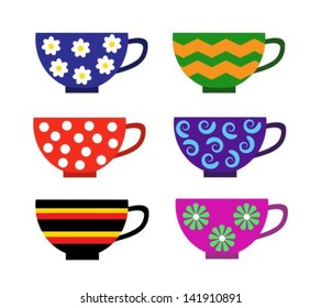 mugs for drinks with different patterns on a white background