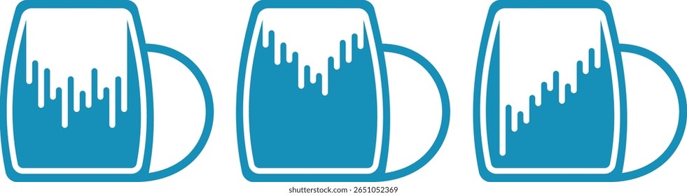 Tazas con bebidas, gotas y salpicaduras en tazas, iconos azules de Vector