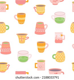Tomas con bebidas, té y café sobre fondo blanco, vectores sin costura en estilo plano dibujado a mano.