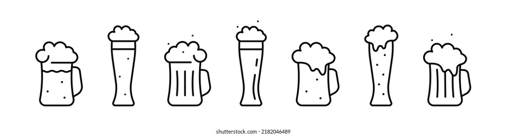 Mugs and glasses with beer contour icon. Black cup with refreshing drink with bubbles and white foam. Night beer pub emblem for vector design