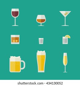 Mugs and glasses icons. Vector flat glasses with alcoholic beverages.