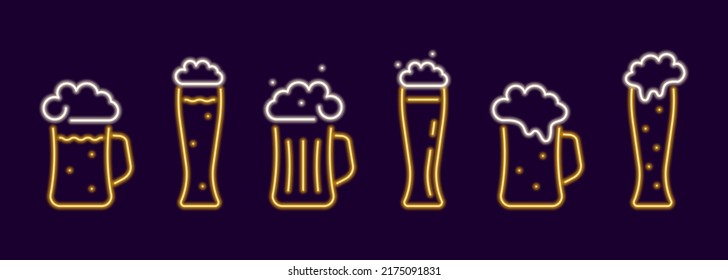 Mugs and glasses with neon beer set. Glowing yellow cup with refreshing drink with bubbles and white foam. Electric beer pub emblem for colorful vector design