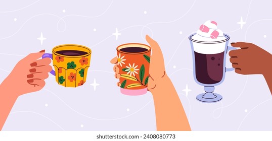 Mugs of hot drinks set. Hands with cups with tea or coffee. Beverage, dessert and delicacy. Cozzy and comfortabe drinks. Cartoon flat vector collection isolated on blue background