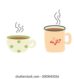 Bolas con té o café caliente. Cups. Aislado en blanco. Ilustración vectorial. Perfecto para un otoño acogedor, invierno.