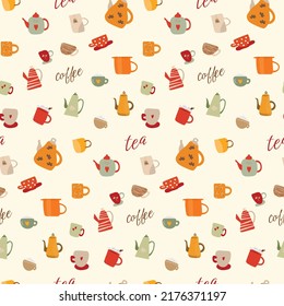 Mugs and kettles in different design seamless pattern for design. Tea and coffee time cartoon paintings set with colorful cups
