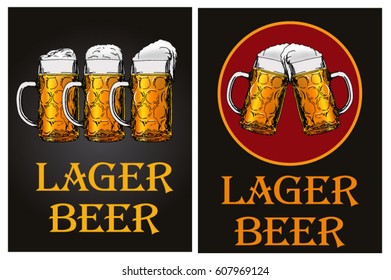 Mugs with a light beer on a dark background posters, cards. Colorful detailed set of the glass mug of beer for design layout. 