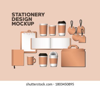 mugs and mockup set on orange background of corporate identity and stationery design theme Vector illustration