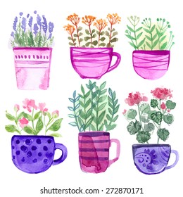 Mugs painted with watercolors on white background. A set of ceramic mugs of different shapes