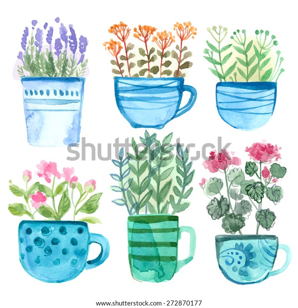 Mugs Painted Watercolors On White Background Stock Vector (Royalty Free ...