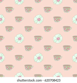 Mugs and pastel flowers. Cups and plants. Hand drawn vector illustration. Cute and girly seamless background.