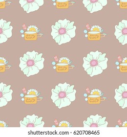 Mugs and pastel flowers. Cups and plants. Hand drawn vector illustration. Cute and girly seamless background.