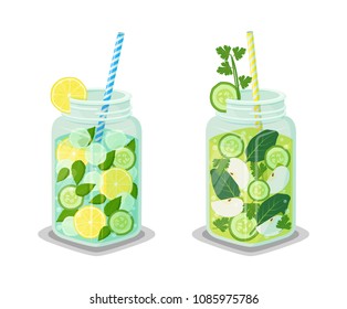 Mugs of refreshing drink with organic green cucumber, bay leaves, slices of apple and lemon, ice cubes vector vegetarian dieting detox cocktails, straw