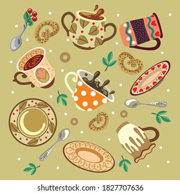 Mugs, tea party attributes. Pattern.