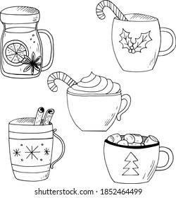 Mugs With A Warm Drink Cinnamon And Candy Cane. Set Icon, Card, Poster, Menu. Sketch Hand Drawn Doodle. Vector Monochrome. Christmas. Cocoa, Coffee, Tea.