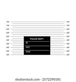 Mugshot Background With Height Chart And Police Department Tag In Flat Vector Illustration Symbolizing Crime, Law, And Justice, Isolated On White Background.