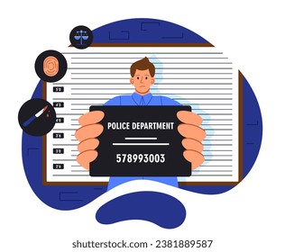 Mugshot of man concept. Young guy with table. Criminal in police. Gangster and robber with fingerprints. Character in prison. Cartoon flat vector illustration isolated on white background