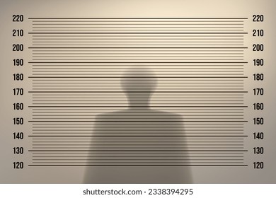 Mugshot in a police station with a retro background with backlight on an old wall and the shadow of a man. Height identification with measurement line in the examination room. Vintage vector template