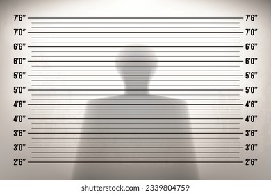 Mugshot in a police station with a shadow of man. Height identification with measurement feet line in the examination room. Vintage vector template. Retro background with backlight on an old wall