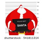 Mugshot Santa Claus at Police Department. Mug shot Christmas. Arrested Bad Santa holding black plate. Grandpa Photo Prisoner in custody for new year. offender portrait
