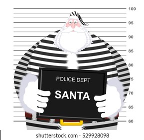 Mugshot Santa Claus at Police Department. Mug shot Christmas. Arrested Bad man in striped robe holding  black plate. Grandpa Photo Prisoner in custody for new year. offender portrait
