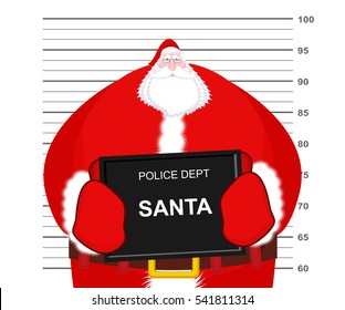 Mugshot Santa Claus at Police Department. Mug shot Christmas. Arrested Bad Santa holding black plate. Grandpa Photo Prisoner in custody for new year. offender portrait
