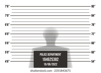 Mugshot with a shadow of man and a table with date. Height identification with measurement feet line in the examination room. Vintage vector template