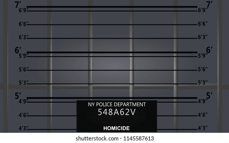 Mugshot wall in front of prison bars . vector illustration