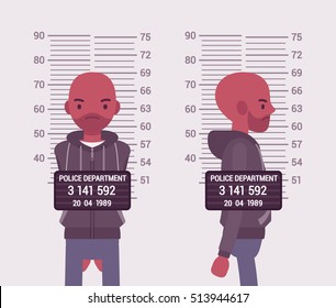 Mugshot of a young black man taken after arrest. Cartoon vector flat-style concept illustration