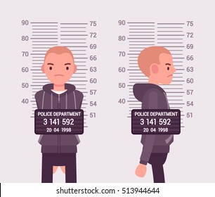 Mugshot of a young white man taken after arrest. Cartoon vector flat-style concept illustration