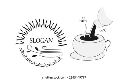 mug,timer,boiling water pours from the kettle into the cup, logo.for coffee shops, tea shops, menus.Vector illustration. isolated on a white background.Print, textile, poster, for your design.High qua