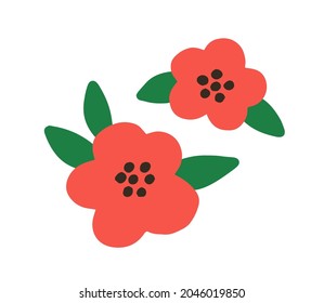 Mugunghwa, Korean flowers with leaf. Rose of sharon, Chinese hibiscus with red petals and leaves drawn in doodle style. Modern botanical flat vector illustration isolated on white background