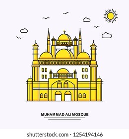 MUHAMMAD ALI MOSQUE Monument Poster Template. World Travel Yellow illustration Background in Line Style with beauture nature Scene