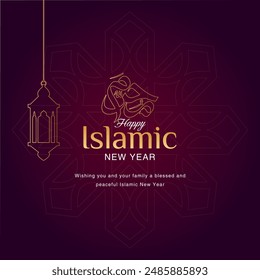 "Muharram" en caligrafía árabe, con un fondo degradado púrpura, simboliza el primer mes del Año Nuevo Islámico. Este diseño se crea en formato EPS de Vector.