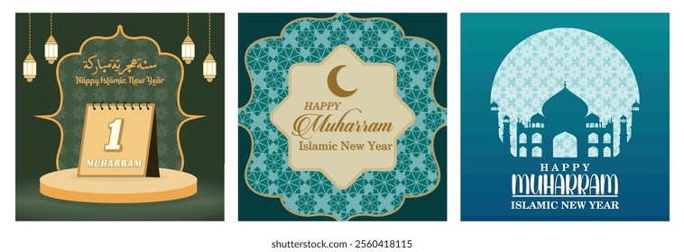 Muharram Calendar and Lantern Decor. Celebrating Islamic New Year. Text Happy Muharram with Mosque. Set lat vector modern illustration